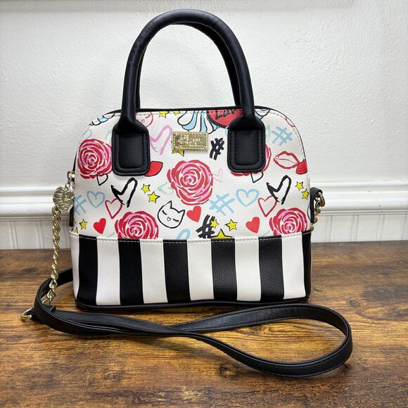Luv Betsey by Betsey Johnson Dome Satchel Crossbody Stripe Floral Cat Print - Picture 1 of 16